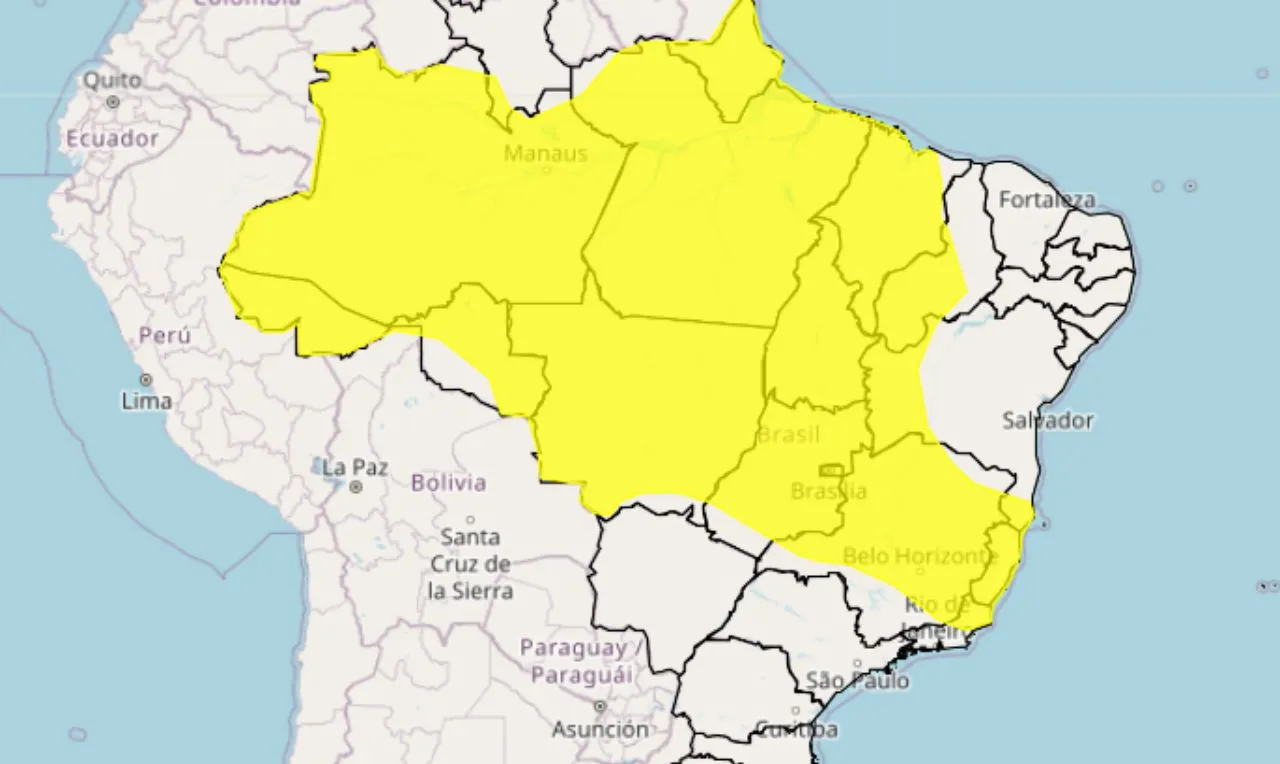 O mapa mostra as &aacute;reas em alerta para chuva intensa nas regi&otilde;es brasileiras